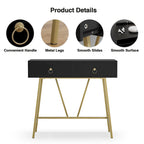 Anmytek Modern Home Office Desk 35.4 Makeup Vanity Table White 2 Drawers Writing Computer Desk with Golden Legs
