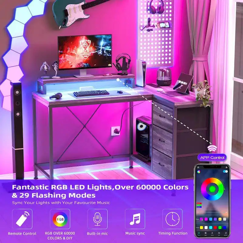 Scrivania a L con prese di corrente e luci LED
