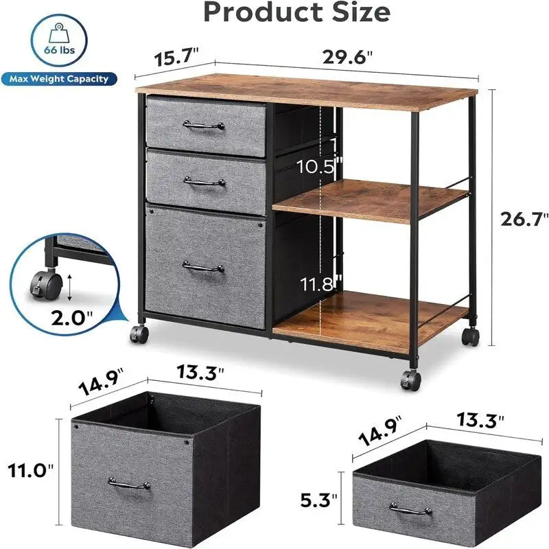 3 Drawer Mobile File Cabinet - 15.75D x 29.53W x 26.77H