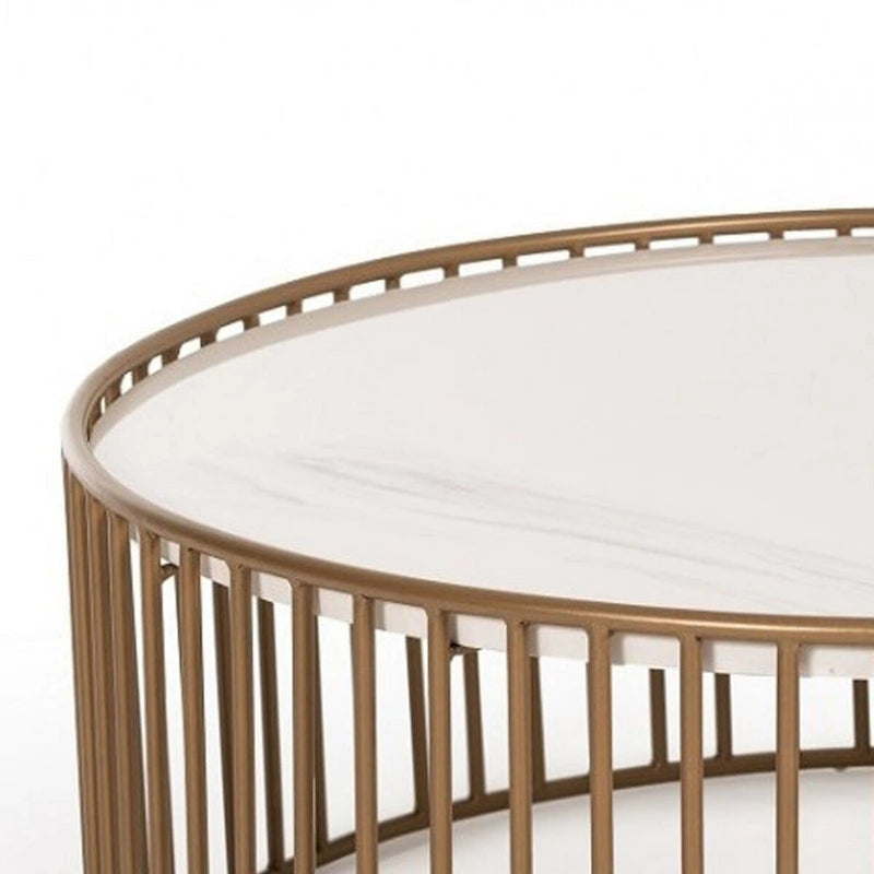 Round Slated Metal Coffee Table with Faux Marble Tray Top, Gold and White