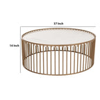 Round Slated Metal Coffee Table with Faux Marble Tray Top, Gold and White
