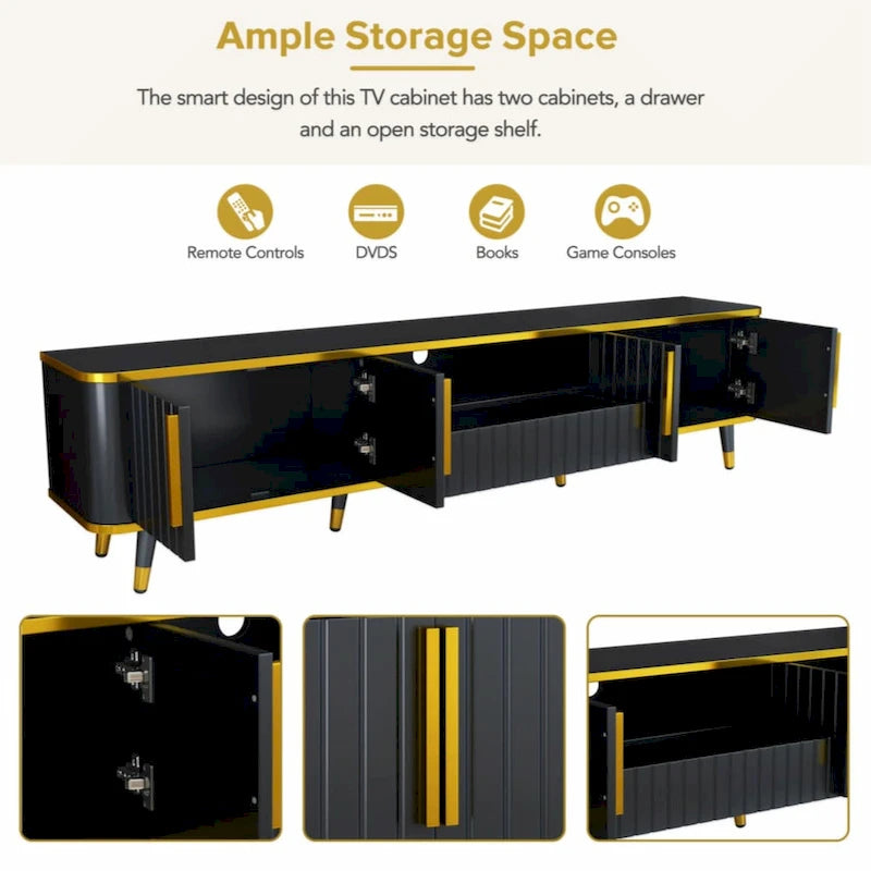 Luxury Minimalism TV Stand with Open Storage Shelf for TVs Up to 85, Entertainment Center with Cabinets and Drawers