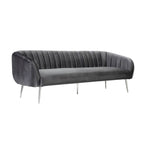 Decy 74 Inch Sofa, Channel Stitched, Cushioned Seat, Gray Velvet, Silver