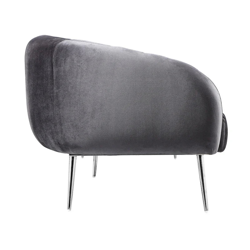 Decy 74 Inch Sofa, Channel Stitched, Cushioned Seat, Gray Velvet, Silver