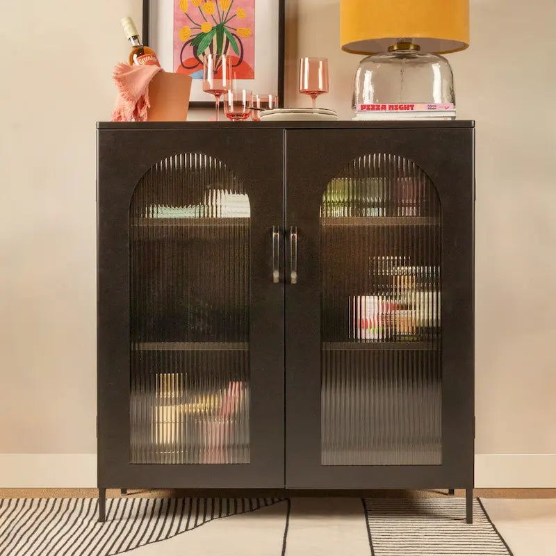 Metal Cabinet with 2 Arched Glass Doors