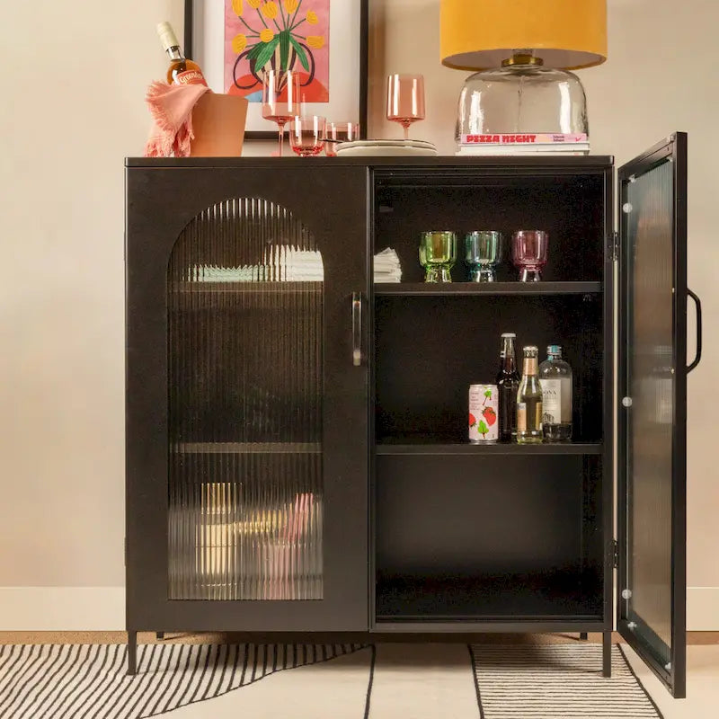 Metal Cabinet with 2 Arched Glass Doors