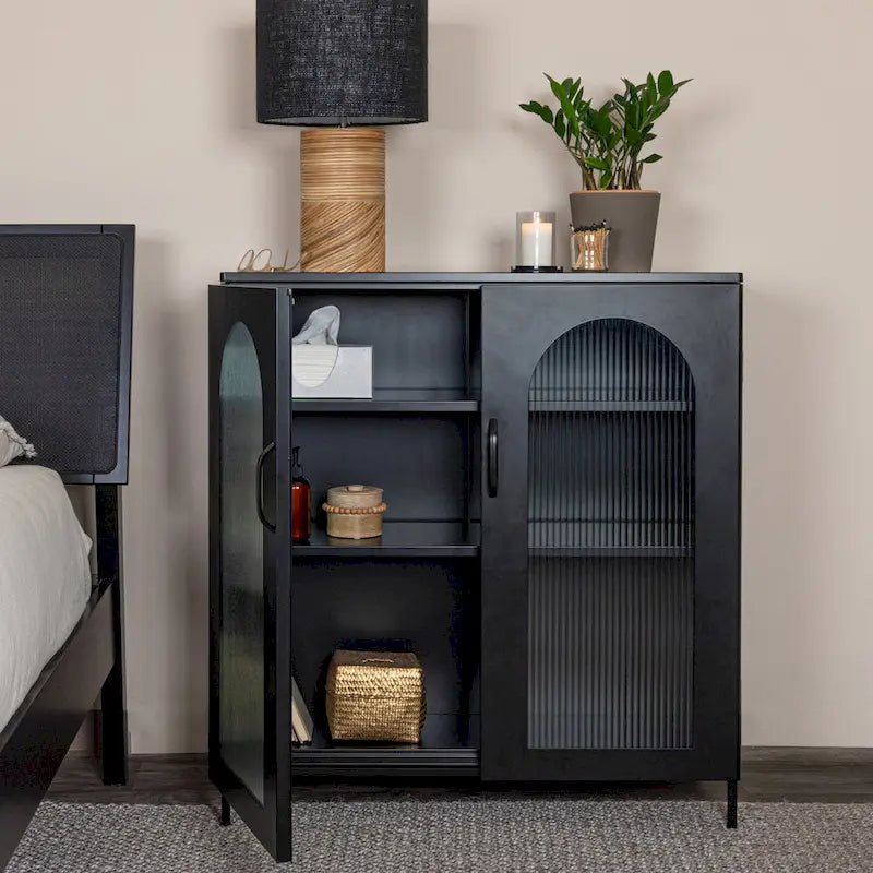 Metal Cabinet with 2 Arched Glass Doors