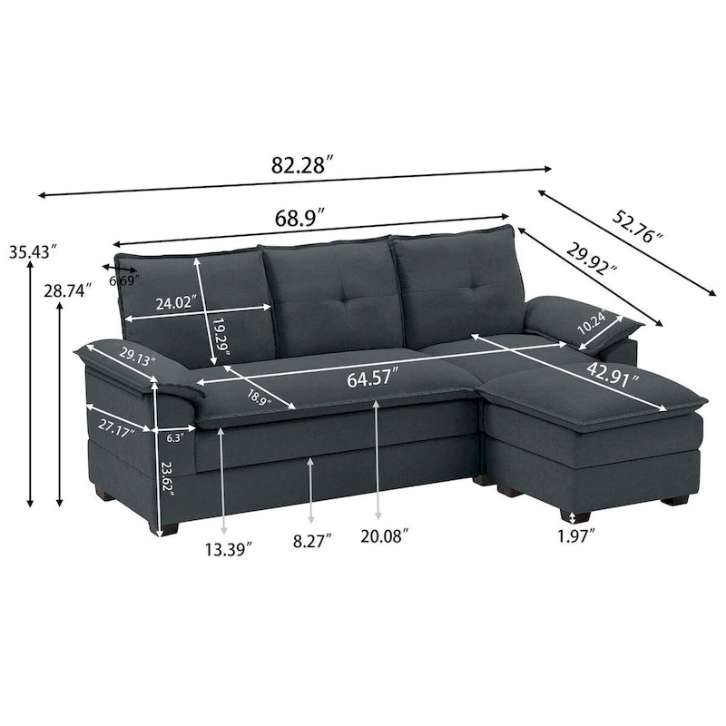 L-Shaped Sectional Sofa with Cloud-Like Seats - 82.28 Inches - Perfect for Living Room