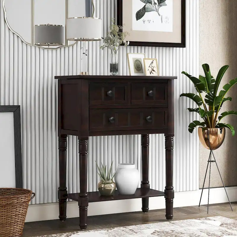 Narrow Console Table, Sofa Table with 3 Storage Drawers and Bottom Shelf