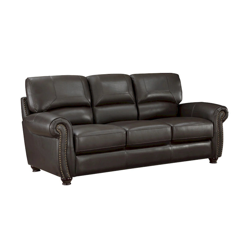 Divano Kia 213 cm, pelle e similpelle marrone scuro, legno massello