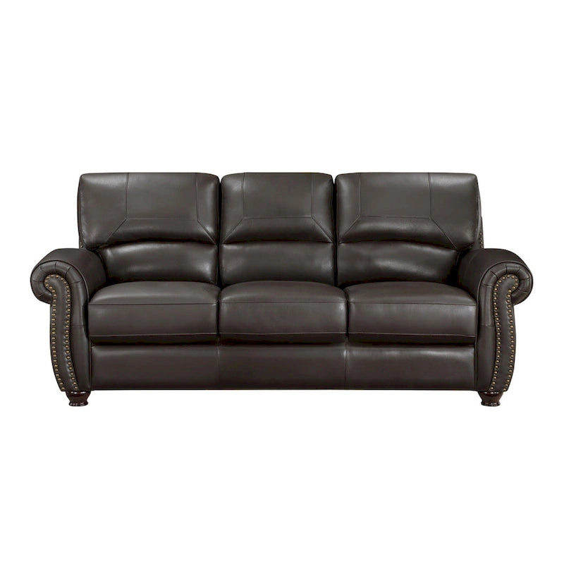 Divano Kia 213 cm, pelle e similpelle marrone scuro, legno massello