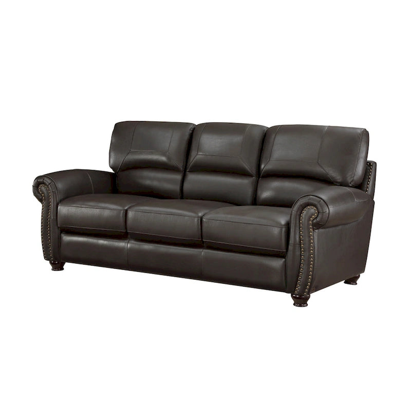 Divano Kia 213 cm, pelle e similpelle marrone scuro, legno massello