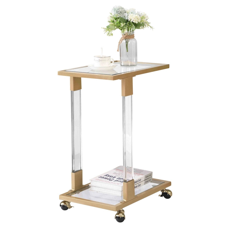 C-Shape Square Acrylic Side Table Sofa Table with Glass Top and Metal Base