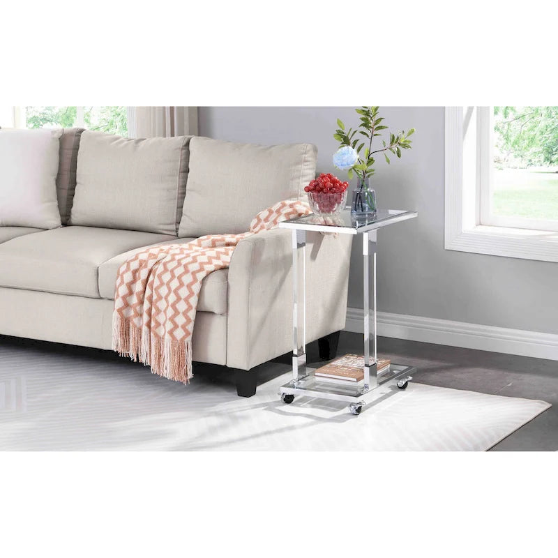 C-Shape Square Acrylic Side Table Sofa Table with Glass Top and Metal Base