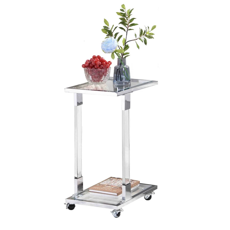 C-Shape Square Acrylic Side Table Sofa Table with Glass Top and Metal Base