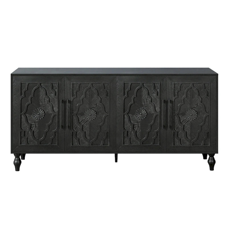 Credenza con ante intagliate a fiori e maniglie in metallo