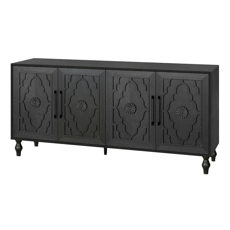 Credenza con ante intagliate a fiori e maniglie in metallo