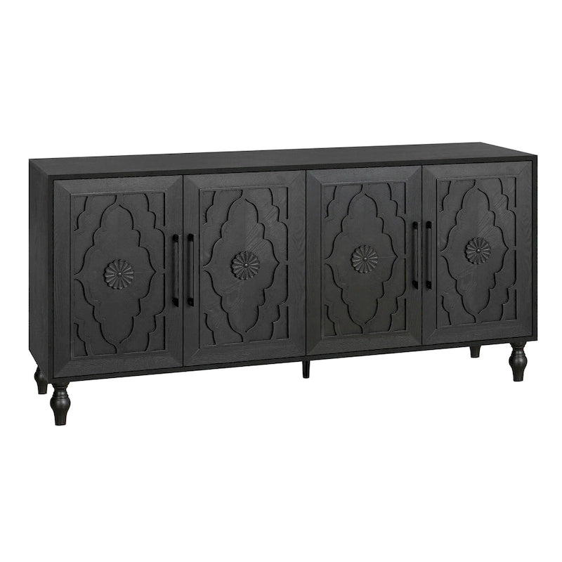 Credenza con ante intagliate a fiori e maniglie in metallo