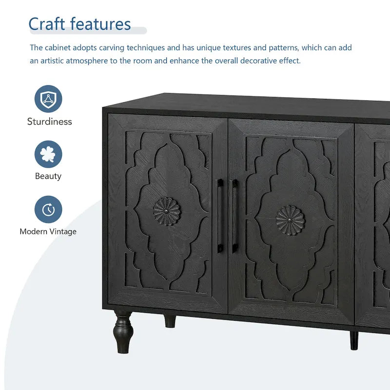 Credenza con ante intagliate a fiori e maniglie in metallo