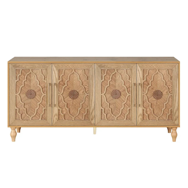 Credenza con ante intagliate a fiori e maniglie in metallo
