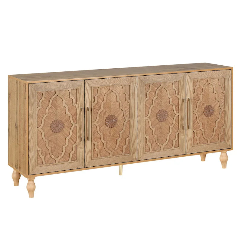 Credenza con ante intagliate a fiori e maniglie in metallo