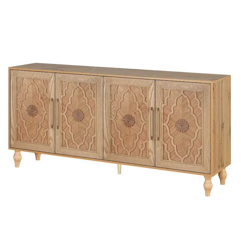 Credenza con ante intagliate a fiori e maniglie in metallo