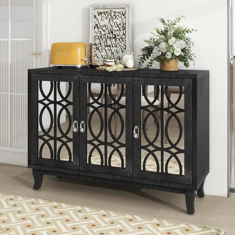 Sideboard with Glass Doors, 3 Door Mirrored Buffet Cabinet with Silver Handle for Living Room, Hallway, Dining Room