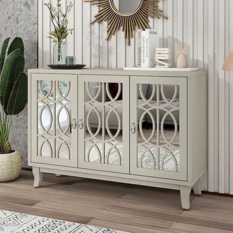 Sideboard with Glass Doors, 3 Door Mirrored Buffet Cabinet with Silver Handle for Living Room, Hallway, Dining Room