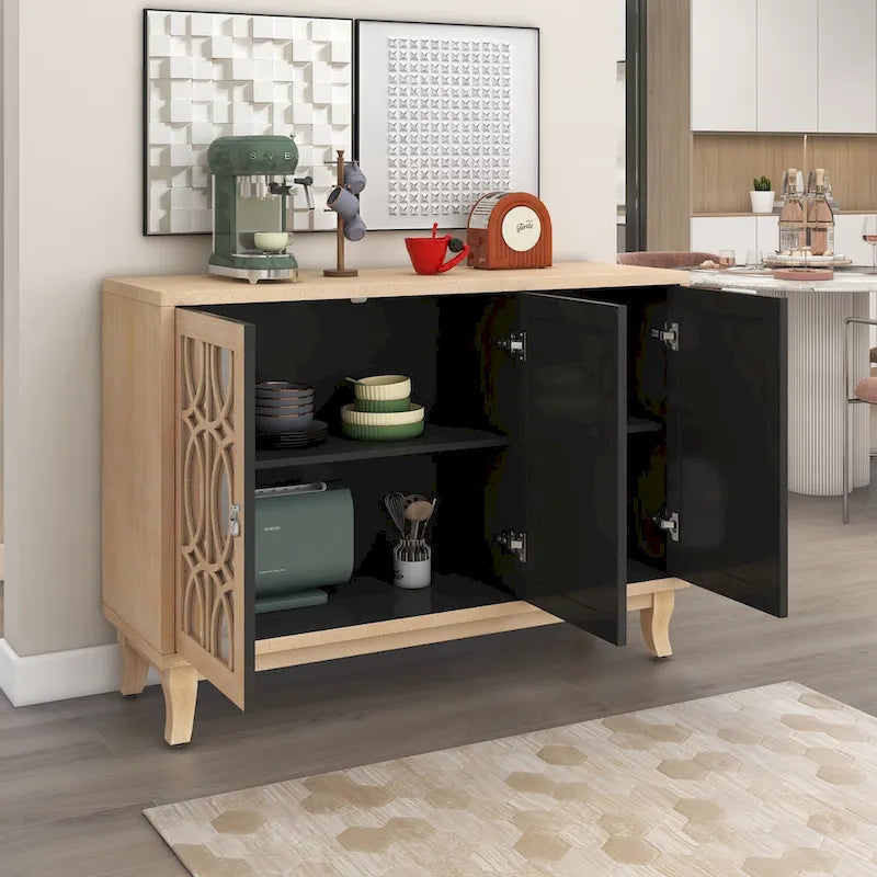 Sideboard with Glass Doors, 3 Door Mirrored Buffet Cabinet with Silver Handle for Living Room, Hallway, Dining Room