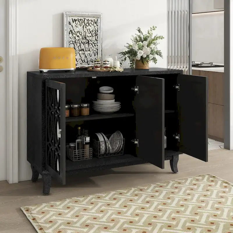 Sideboard with Glass Doors, 3 Door Mirrored Buffet Cabinet with Silver Handle for Living Room, Hallway, Dining Room