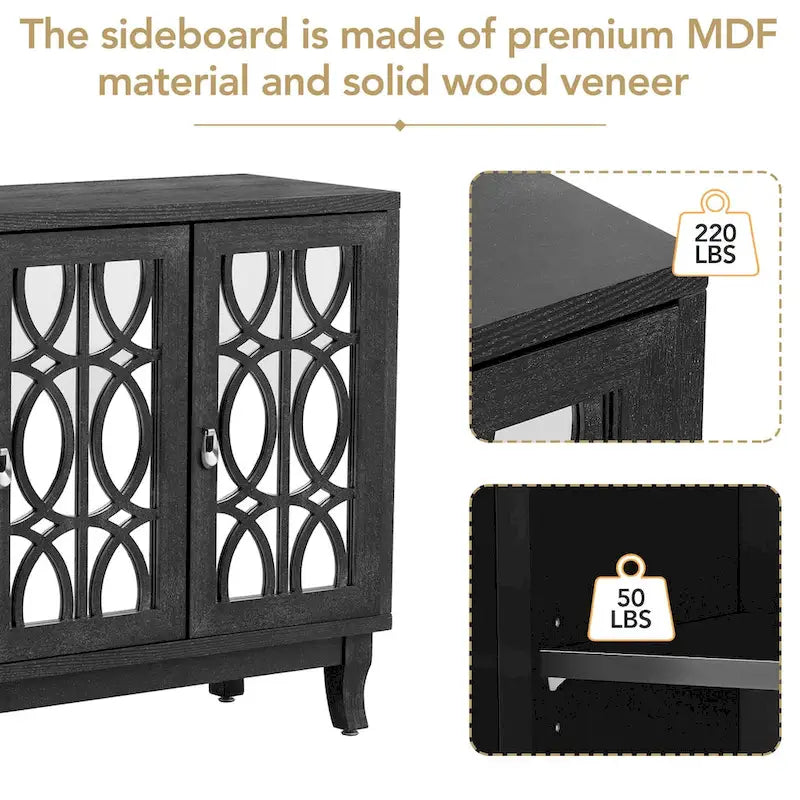 Sideboard with Glass Doors, 3 Door Mirrored Buffet Cabinet with Silver Handle for Living Room, Hallway, Dining Room