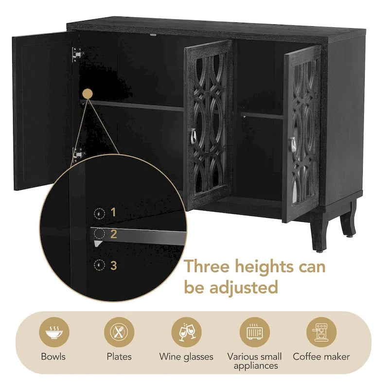 Sideboard with Glass Doors, 3 Door Mirrored Buffet Cabinet with Silver Handle for Living Room, Hallway, Dining Room