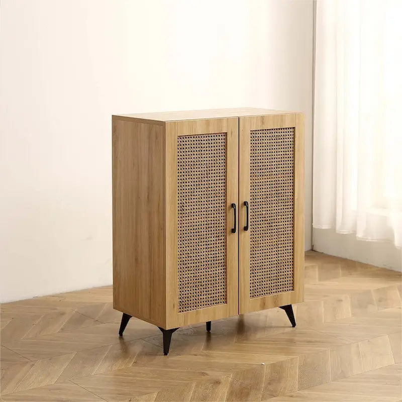 Natural Rattan Double-Door Shoe Cabinet - 12 Pairs