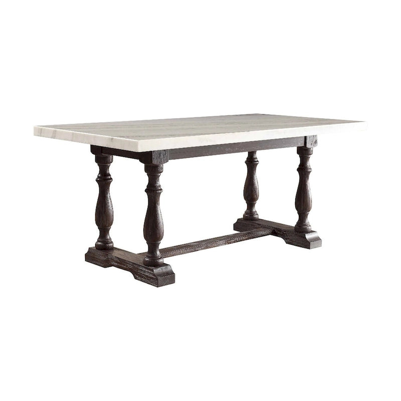Wooden Dining Table with Marble Top, White and Brown