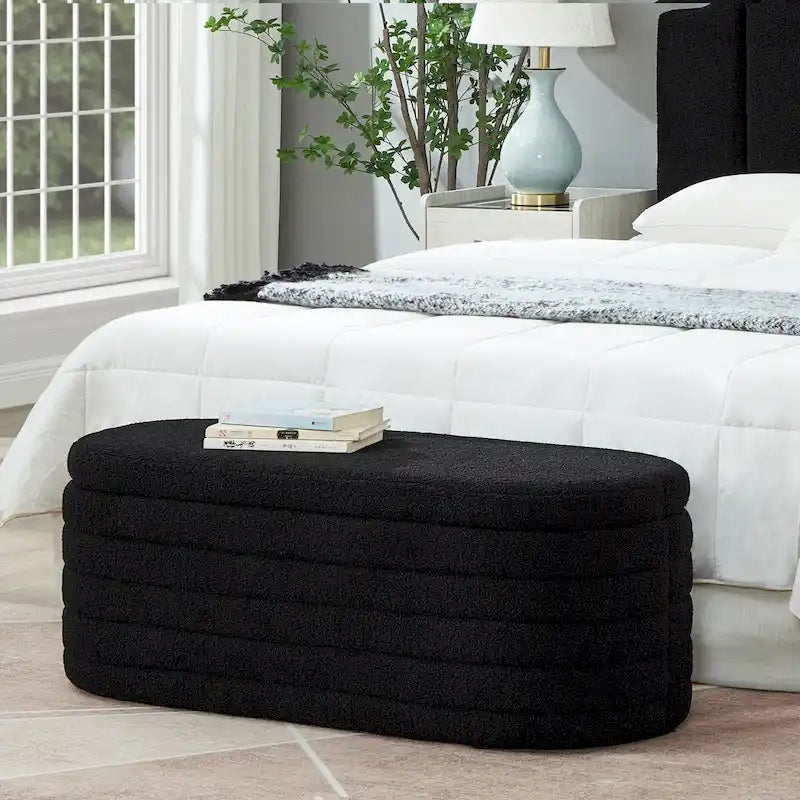 Beige Oval Storage Ottoman Bench - Boucle Teddy Fabric