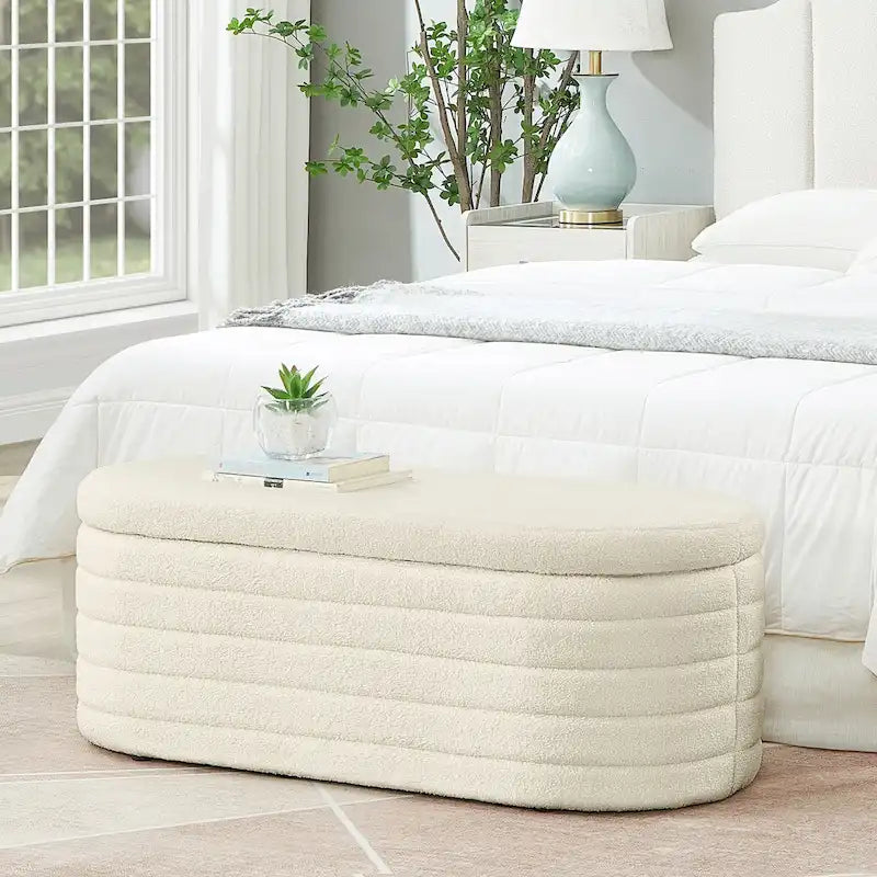 Beige Oval Storage Ottoman Bench - Boucle Teddy Fabric