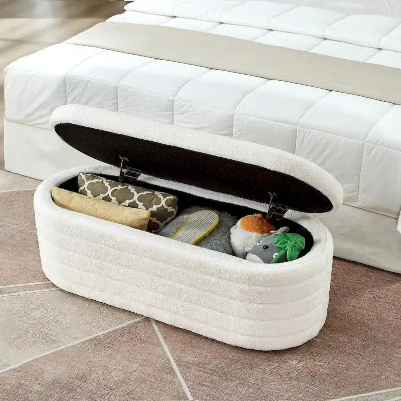 Beige Oval Storage Ottoman Bench - Boucle Teddy Fabric