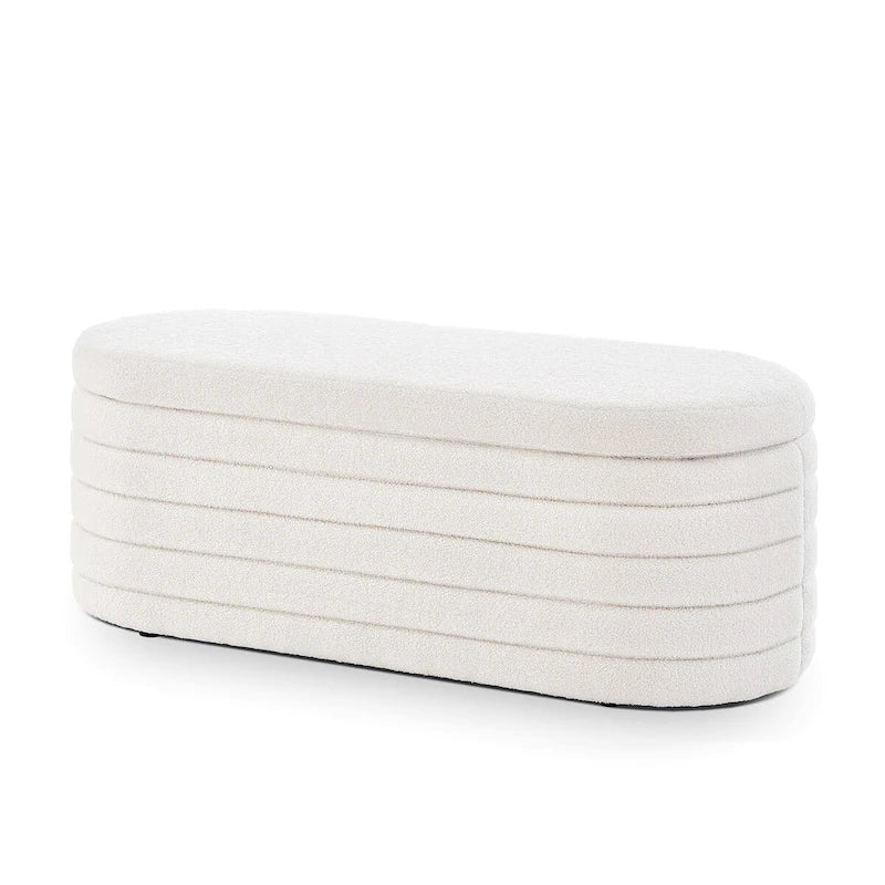 Beige Oval Storage Ottoman Bench - Boucle Teddy Fabric