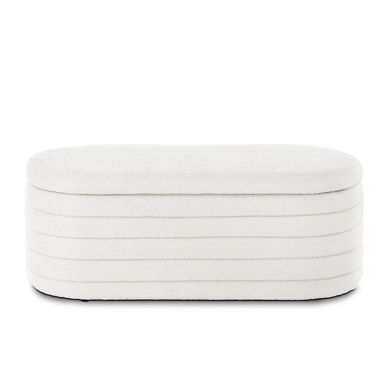 Beige Oval Storage Ottoman Bench - Boucle Teddy Fabric
