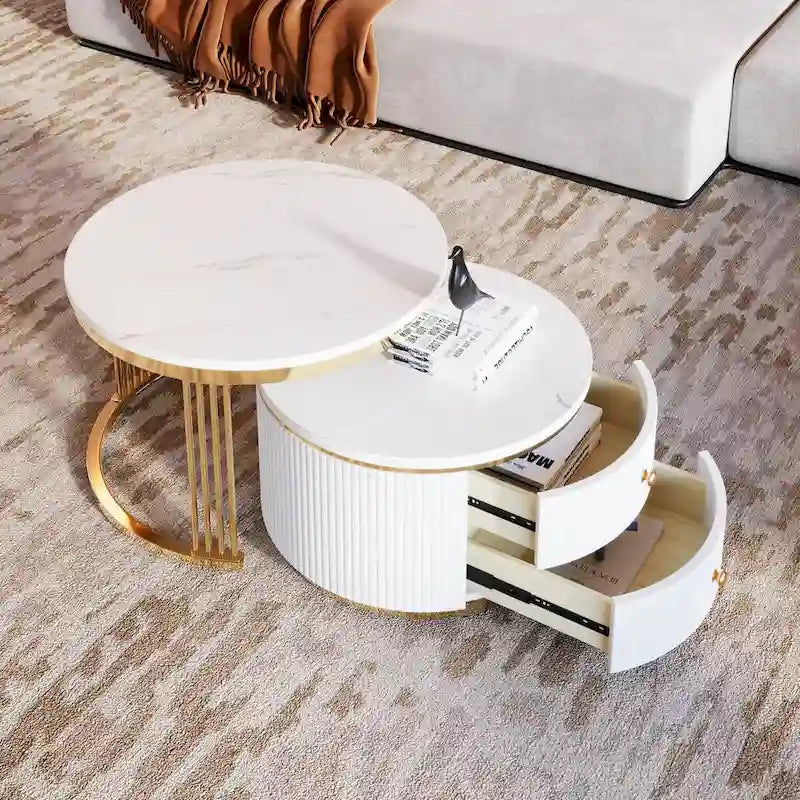 2 Pieces White Round Nesting Coffee Table with Drawers