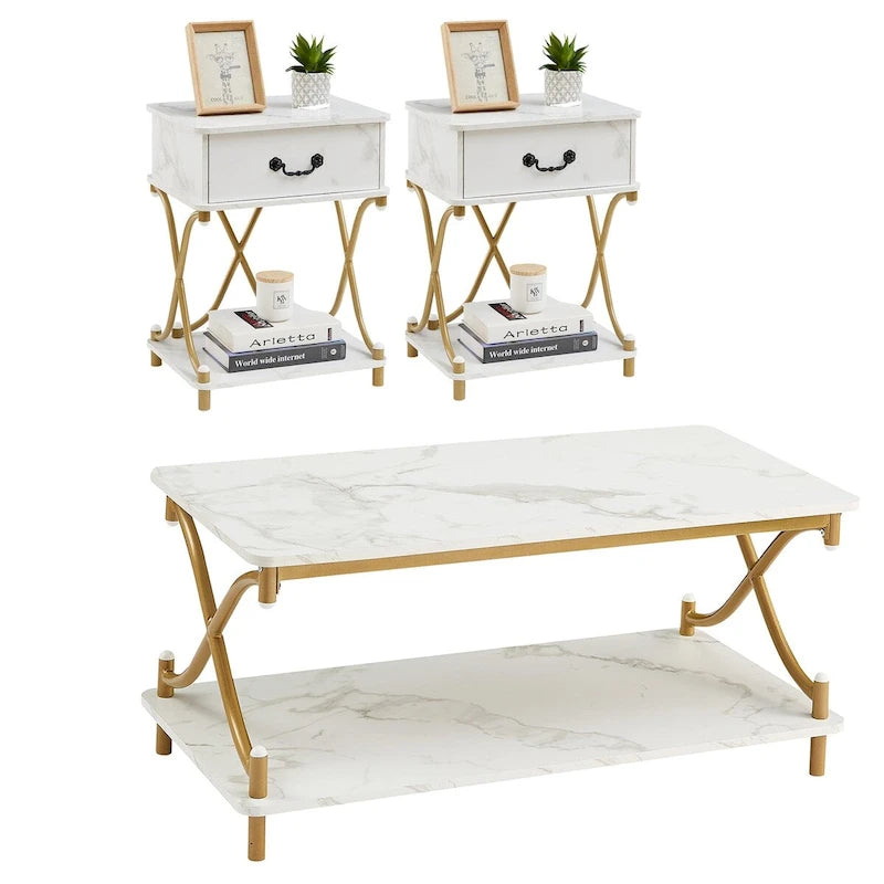 Set di 2 tavolini moderni a 3 pezzi, tavolino da divano e comodino a 1 cassetto (marrone/nero/bianco)