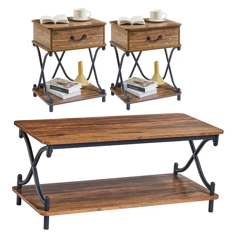 Set di 2 tavolini moderni a 3 pezzi, tavolino da divano e comodino a 1 cassetto (marrone/nero/bianco)