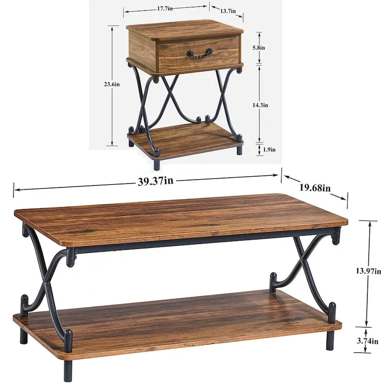 Set di 2 tavolini moderni a 3 pezzi, tavolino da divano e comodino a 1 cassetto (marrone/nero/bianco)