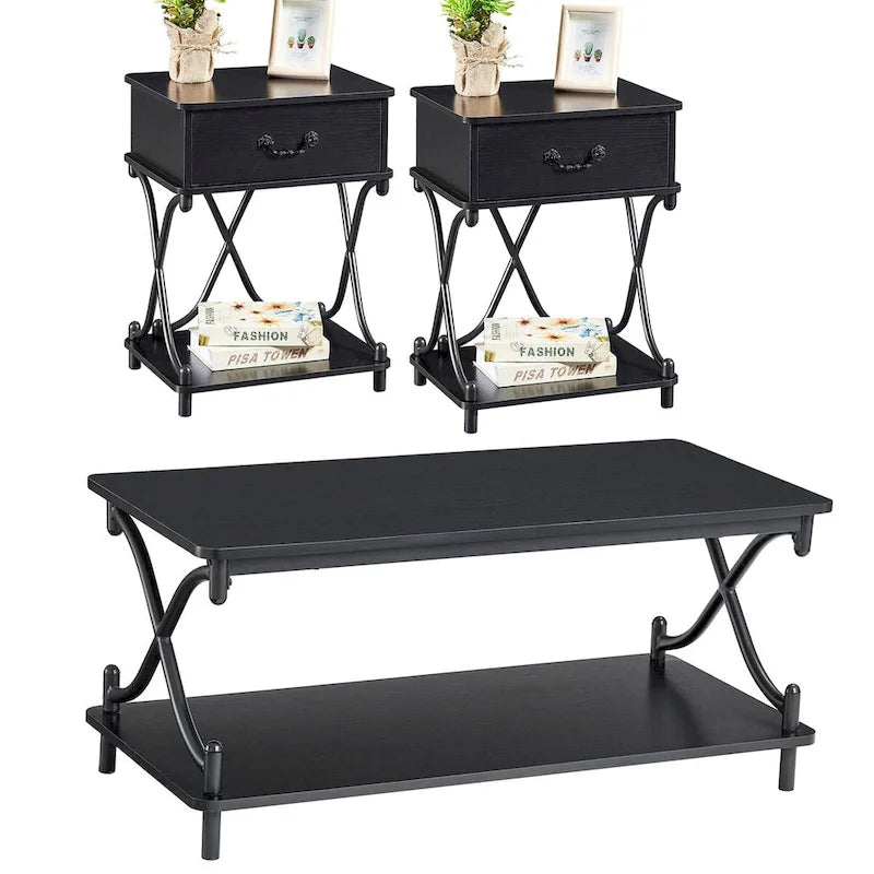 Set di 2 tavolini moderni a 3 pezzi, tavolino da divano e comodino a 1 cassetto (marrone/nero/bianco)