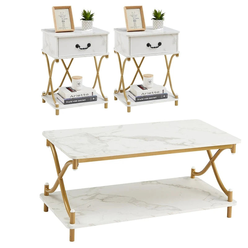 Set di 2 tavolini moderni a 3 pezzi, tavolino da divano e comodino a 1 cassetto (marrone/nero/bianco)