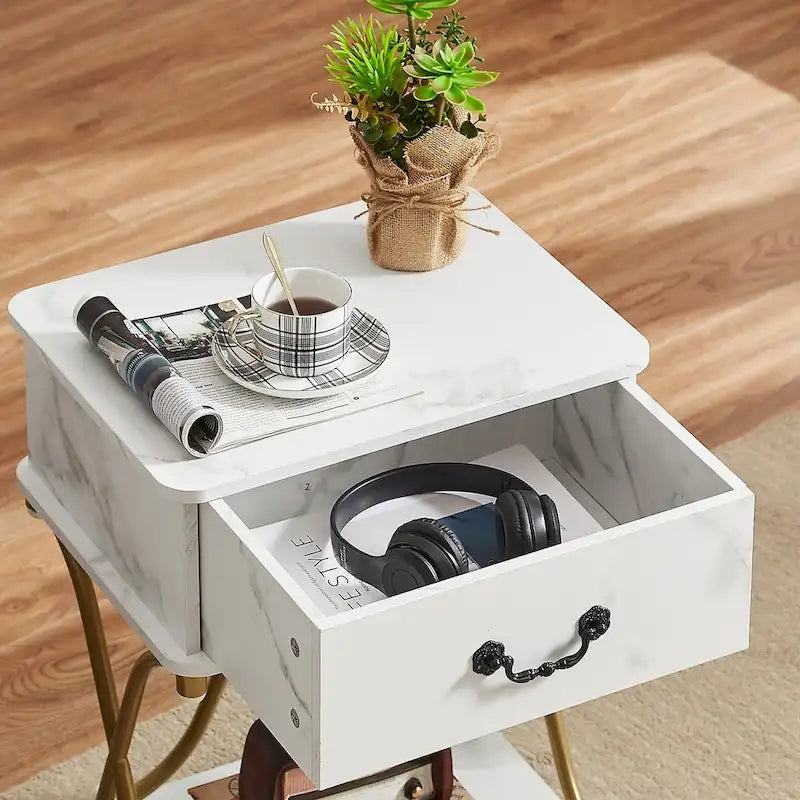 Set di 2 tavolini moderni a 3 pezzi, tavolino da divano e comodino a 1 cassetto (marrone/nero/bianco)