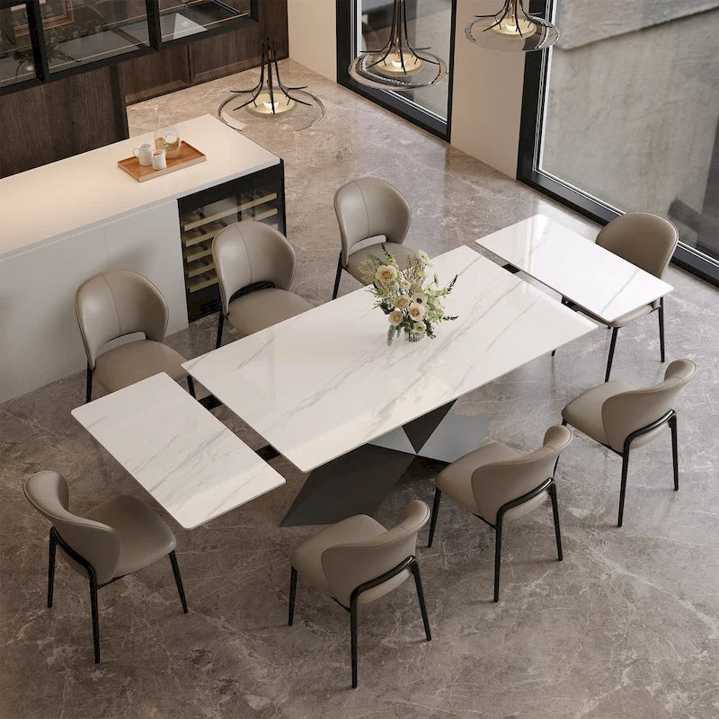 63-95Extendable Modern Dining Table for 4-10, White Glossy Sintered Stone Tabletop, black X-Shaped Steel Legs - 94.5
