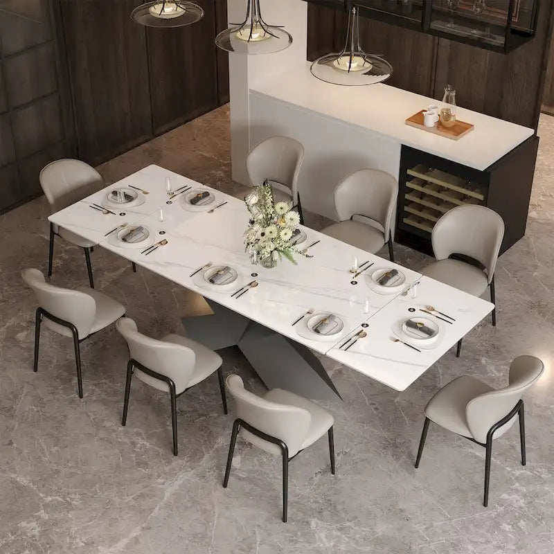 63-95Extendable Modern Dining Table for 4-10, White Glossy Sintered Stone Tabletop, black X-Shaped Steel Legs - 94.5
