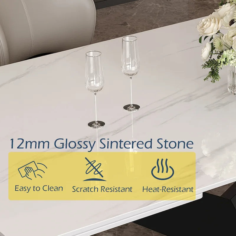 63-95Extendable Modern Dining Table for 4-10, White Glossy Sintered Stone Tabletop, black X-Shaped Steel Legs - 94.5