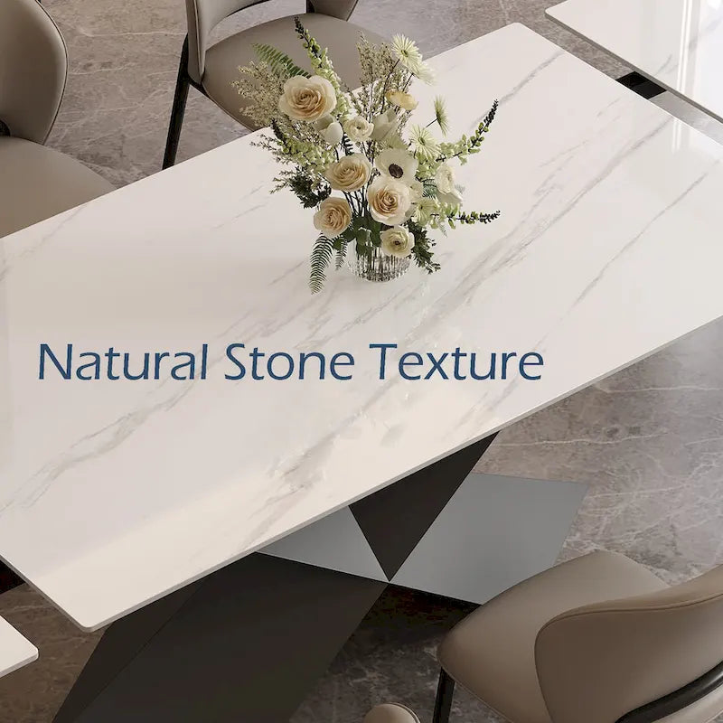 63-95Extendable Modern Dining Table for 4-10, White Glossy Sintered Stone Tabletop, black X-Shaped Steel Legs - 94.5